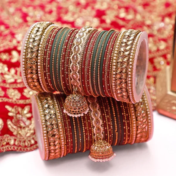 COLOURFUL JHUMKI BANGLE SET WITH KUNDAN BORDER KADA