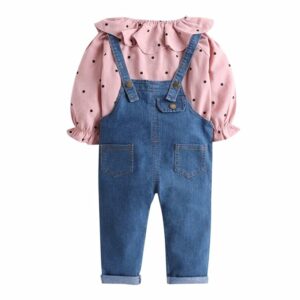 Hopscotch Girls Cotton Polka Dot Print T-shirt and Dungaree Set in Pink Color