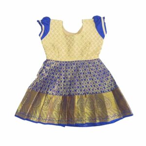 Pattu Pavadai Newborn Baby Girls Kids Silk Frock (Cream and Blue)